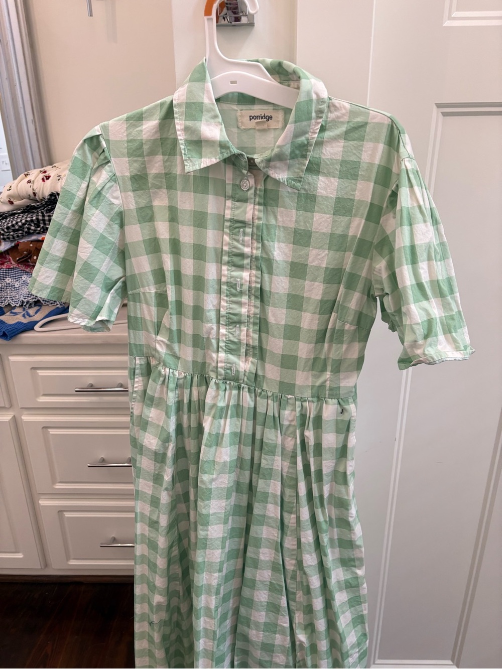 Anthropologie Porridge Girls' Green Gingham Short-Sleeve Dress
